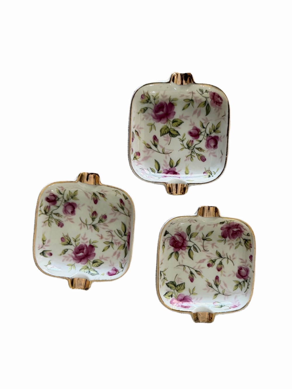 Vintage Lefton Rose Chintz Ceramic Ashtray | Gold Trim | Set of 3 with Holder